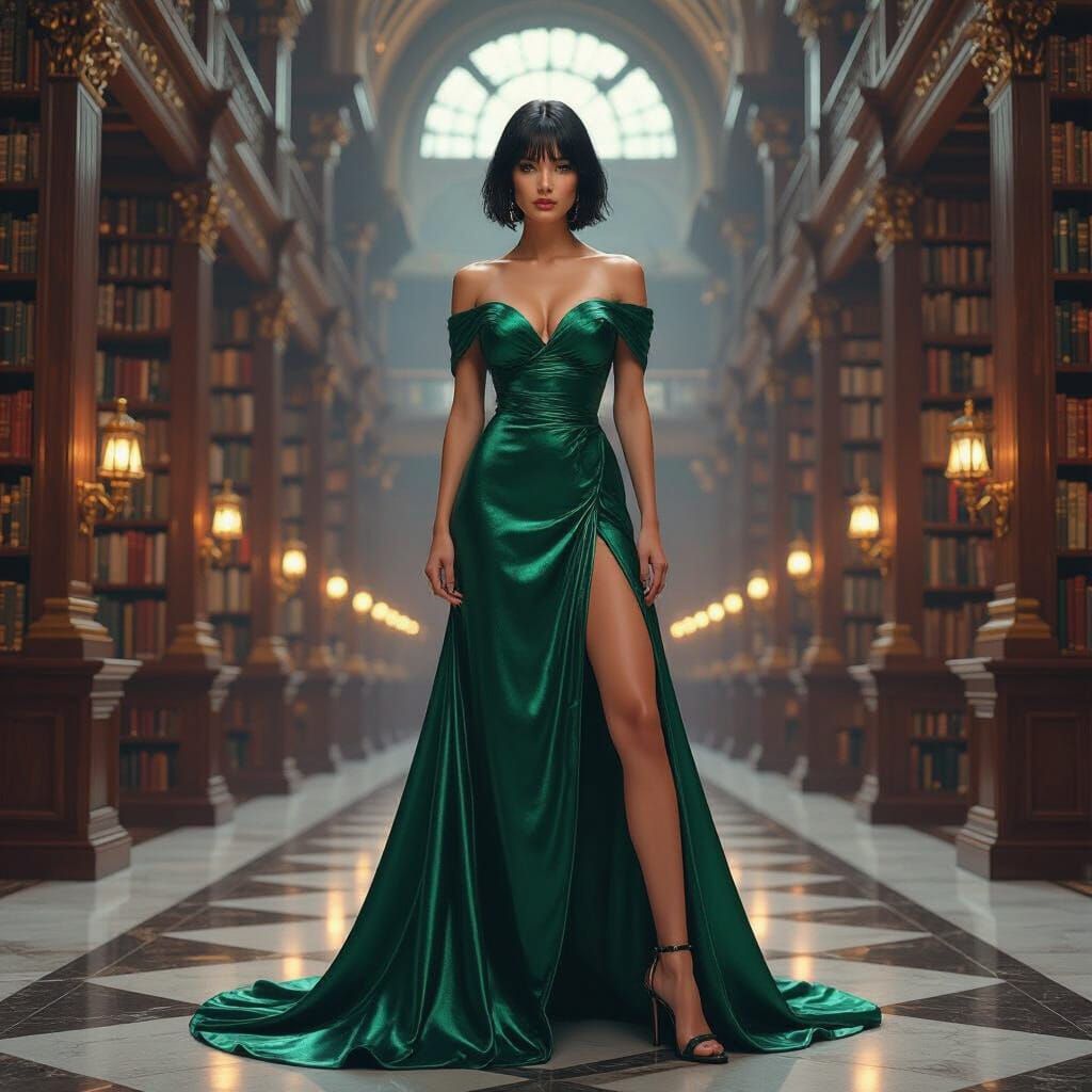 Emerald Gown in Colossal Library, Digital Art