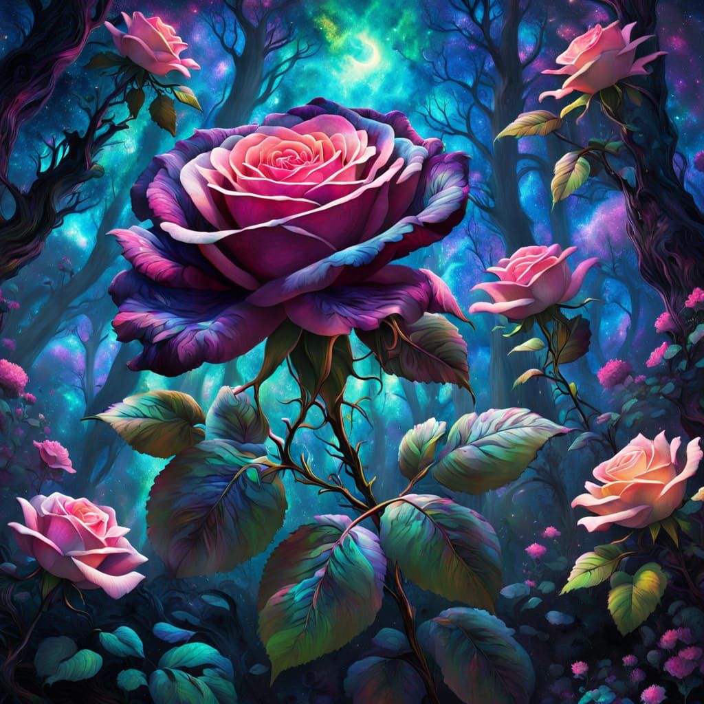 Rose Blooms in Vibrant Otherworldly Forest with Nebula Petal...
