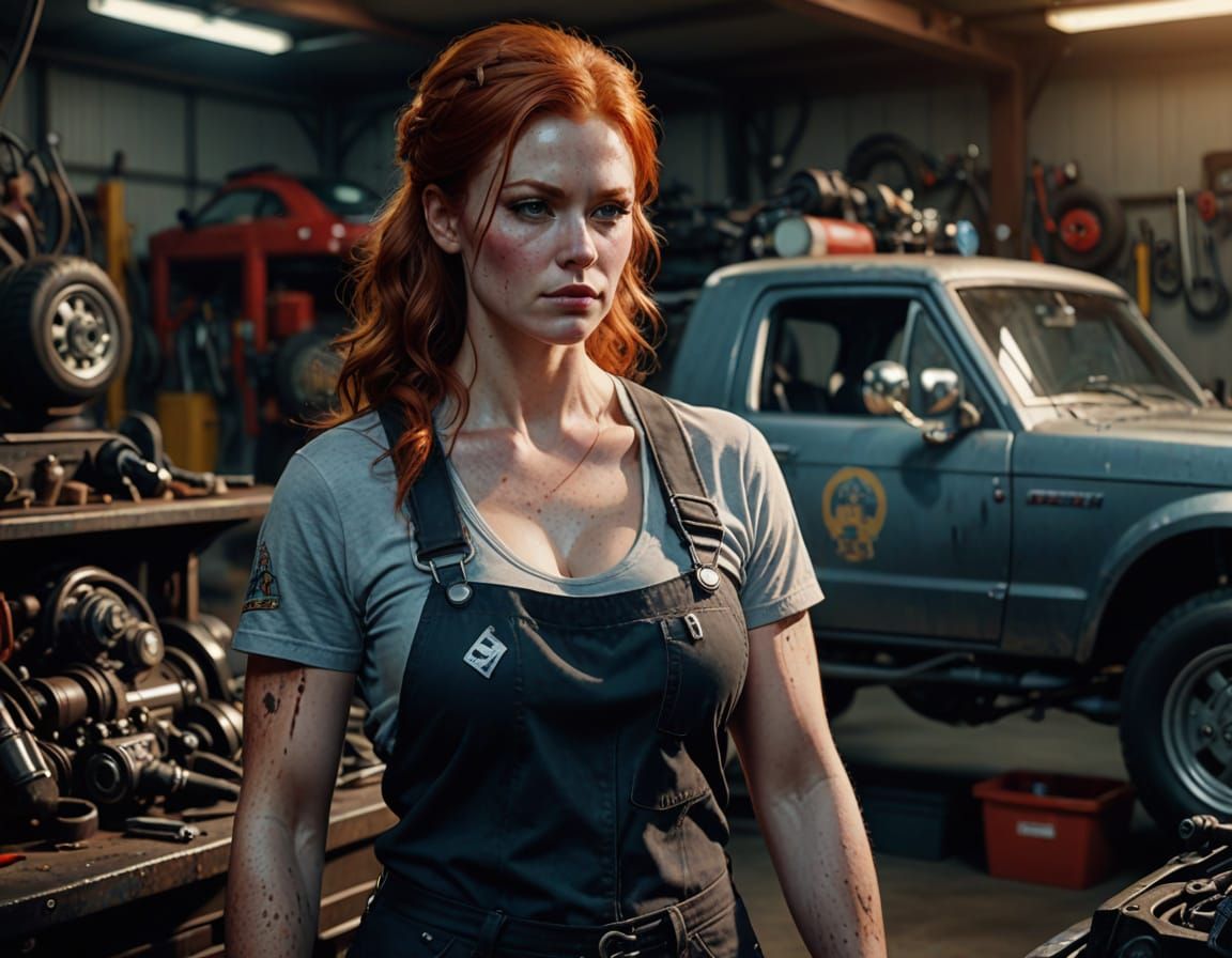 Athletic Redhead Mechanic in Bustling Garage, Hyperrealistic...