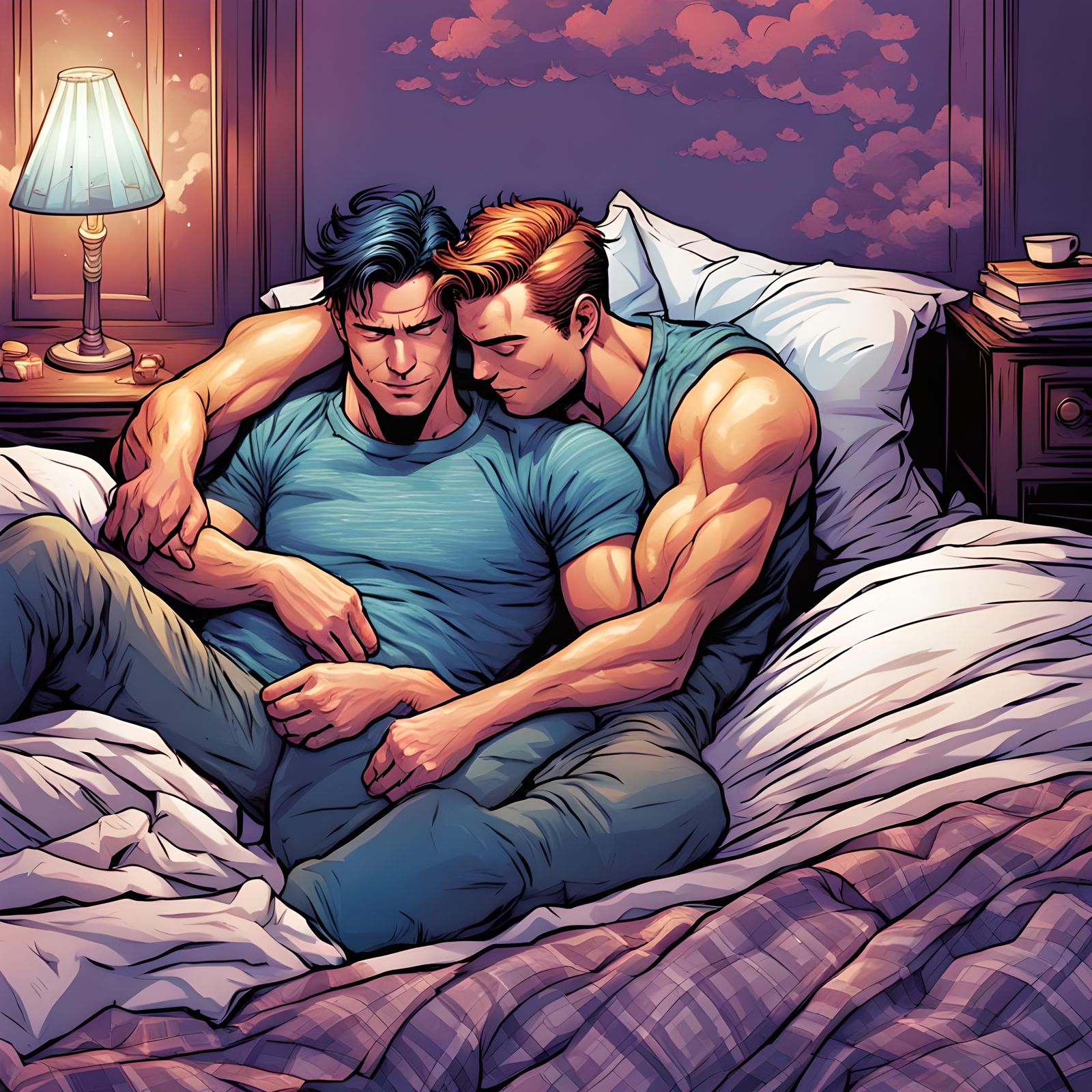 Gay Couple Embrace: Comic Book Style Art