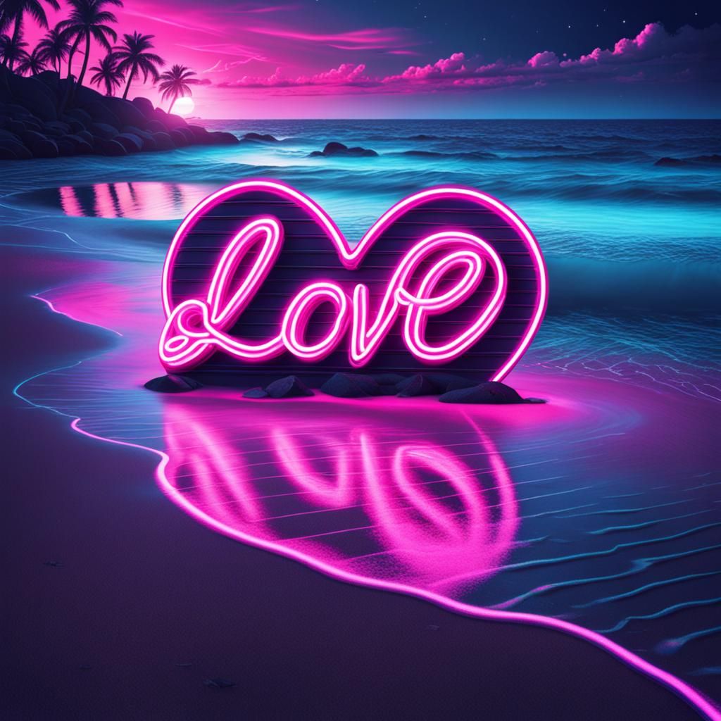 Synthwave Beach Scene of Love in Neon