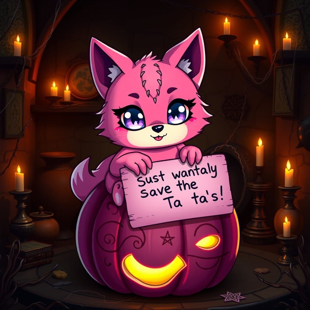 Chibi Pink Werewolf on Mystical Pumpkin, Digital Art
