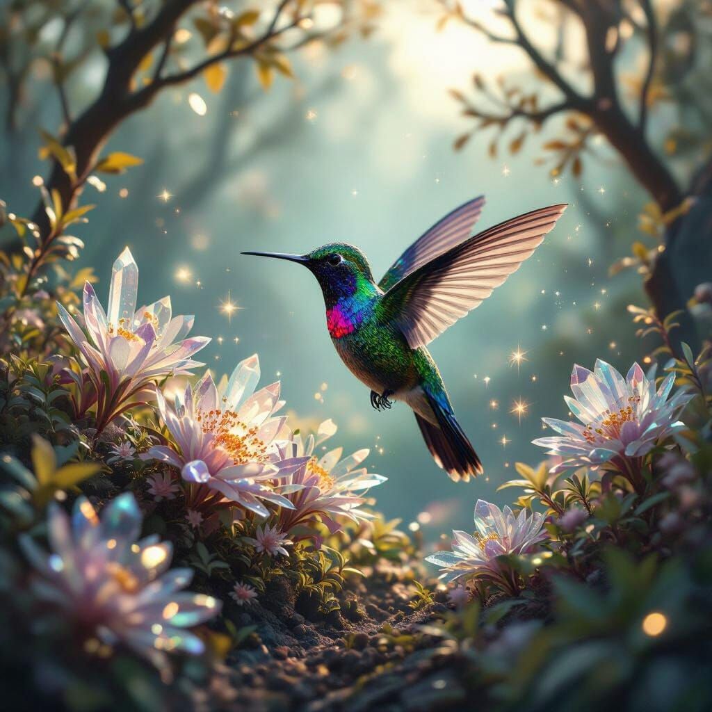 Bioluminescent Hummingbird in Crystalline Alien Grove