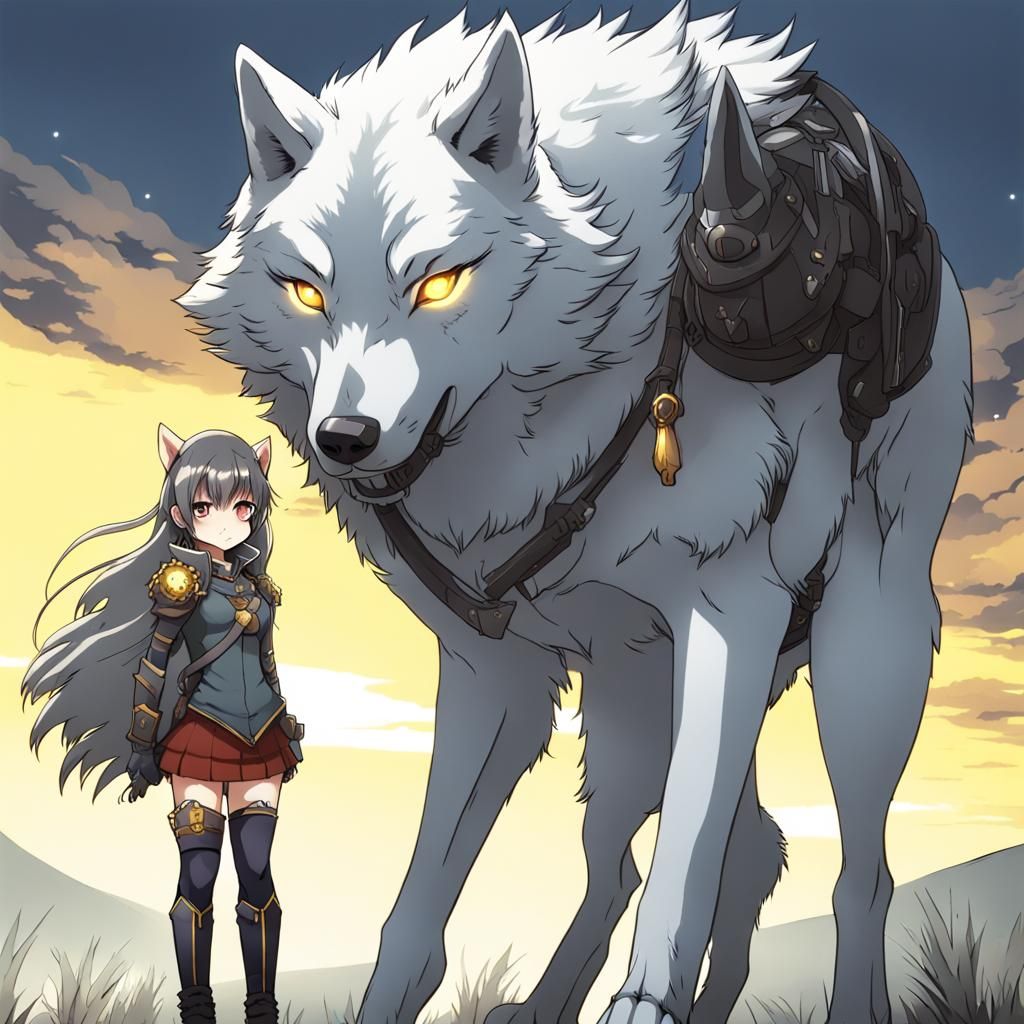 Warrior Girl and Giant Wolf in Anime Style