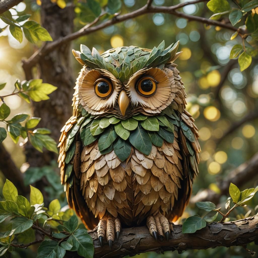 Leaf Owl Sculpture in Hyper-Realistic Forest