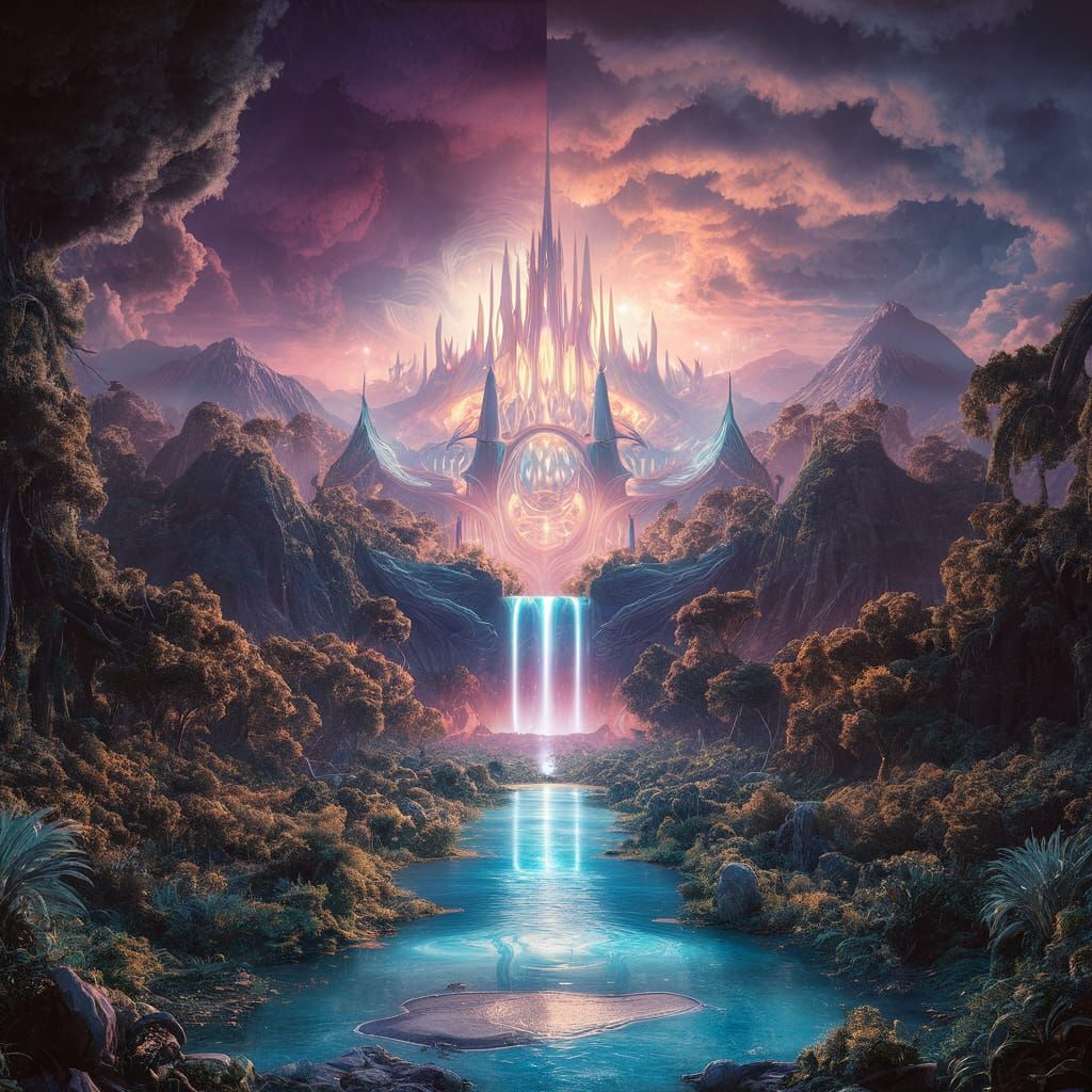 Vibrant Fantasy Paradise Scene in Matte Painting Style