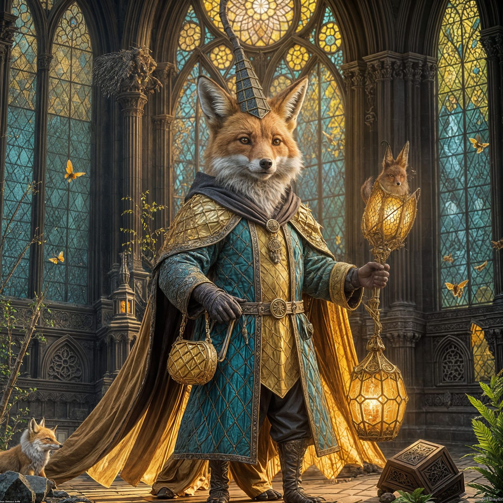 Gothic Fox Wizard Confronts a Masterpiece of Honeycomb Archi...