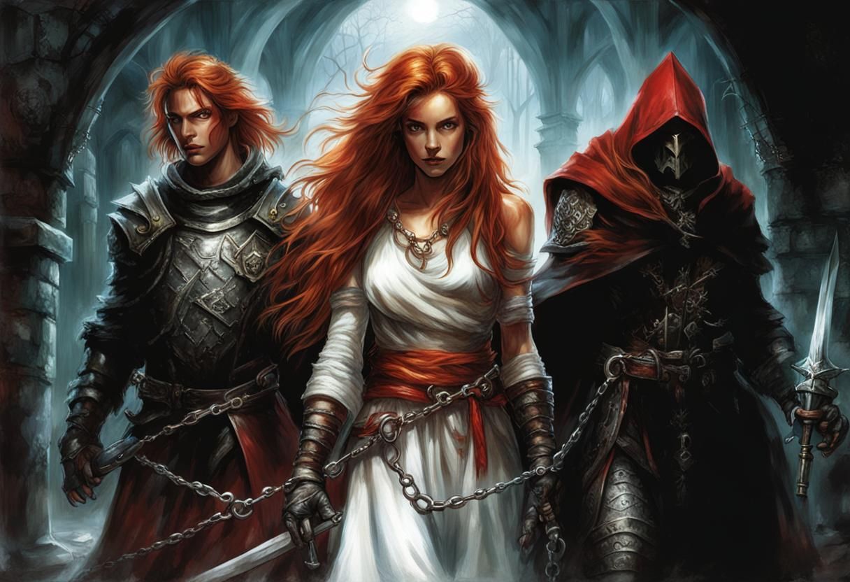 Redhead Thief, Knight, and Wizard in Dark Dungeon