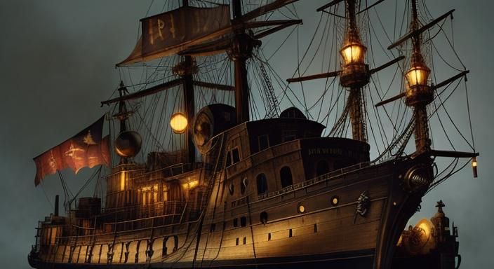 Steampunk Pirates on Metallic Vintage Ship in Dramatic Light...