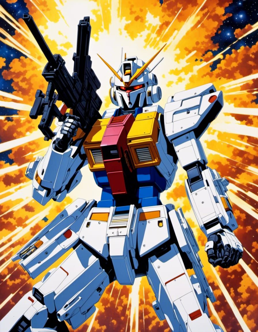 Gundam Blaster Rifle Action in 80s Anime Style