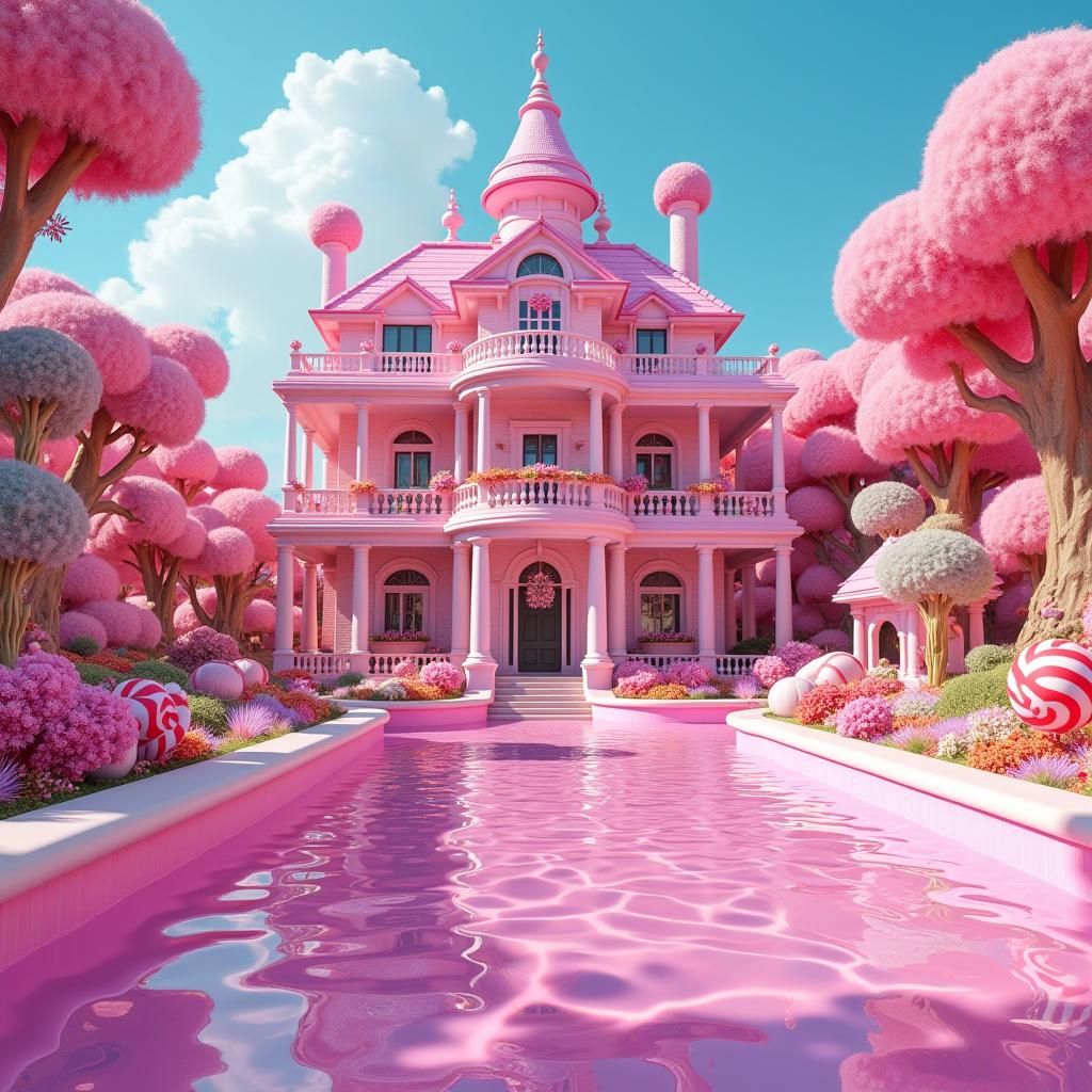 Pink Victorian Mansion in Candyland Art Style