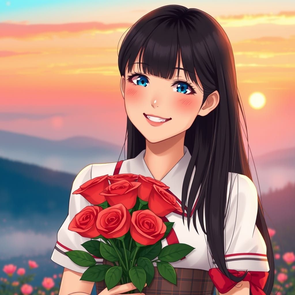 Chinese Schoolgirl with Roses at Sunrise, Anime Style