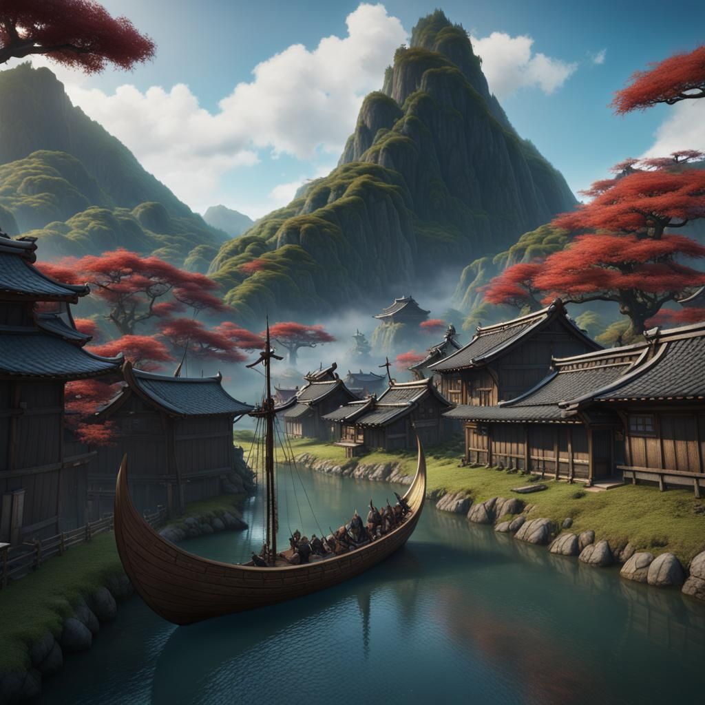 Viking Longship Sails Through Japanese Countryside