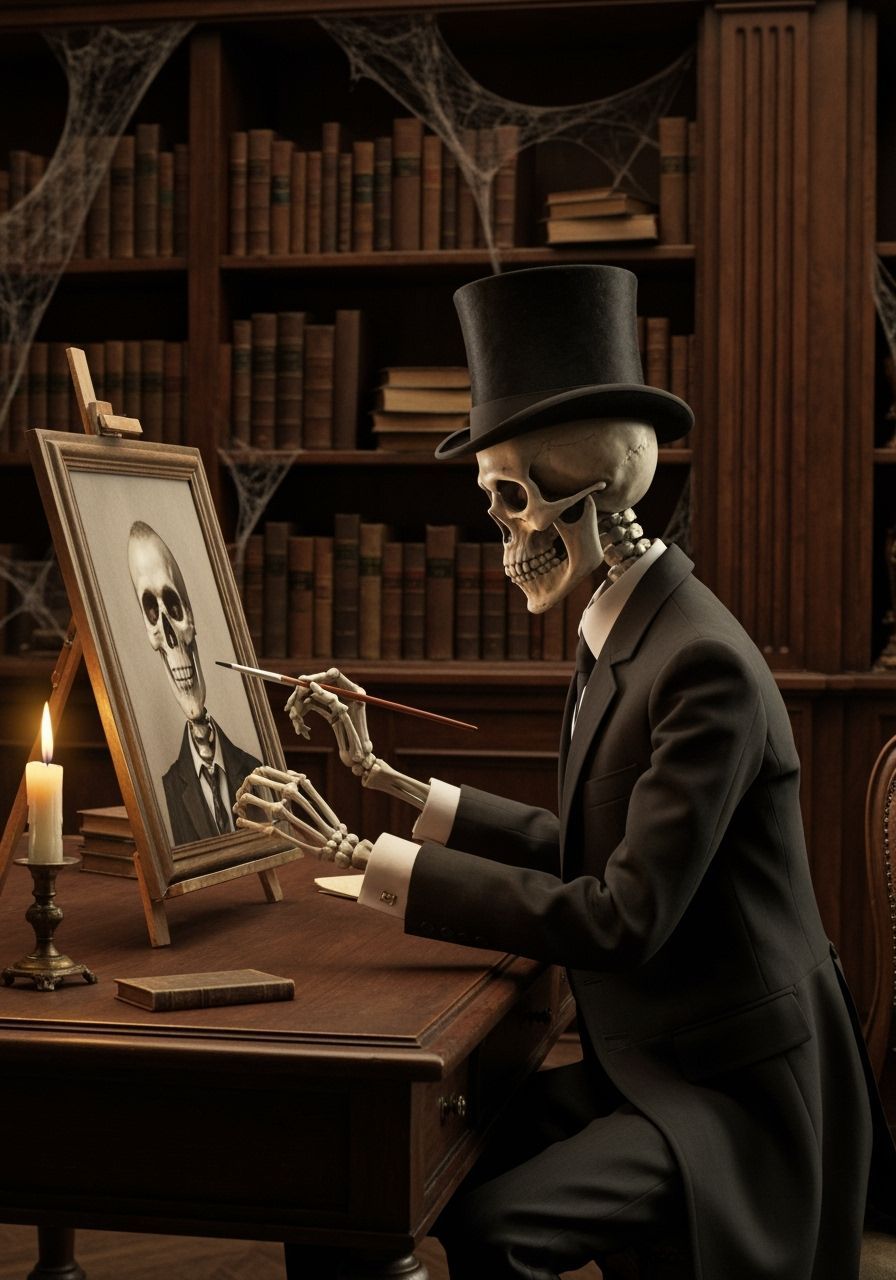 Skeleton Artist Painting a Portrait in Linocut Style