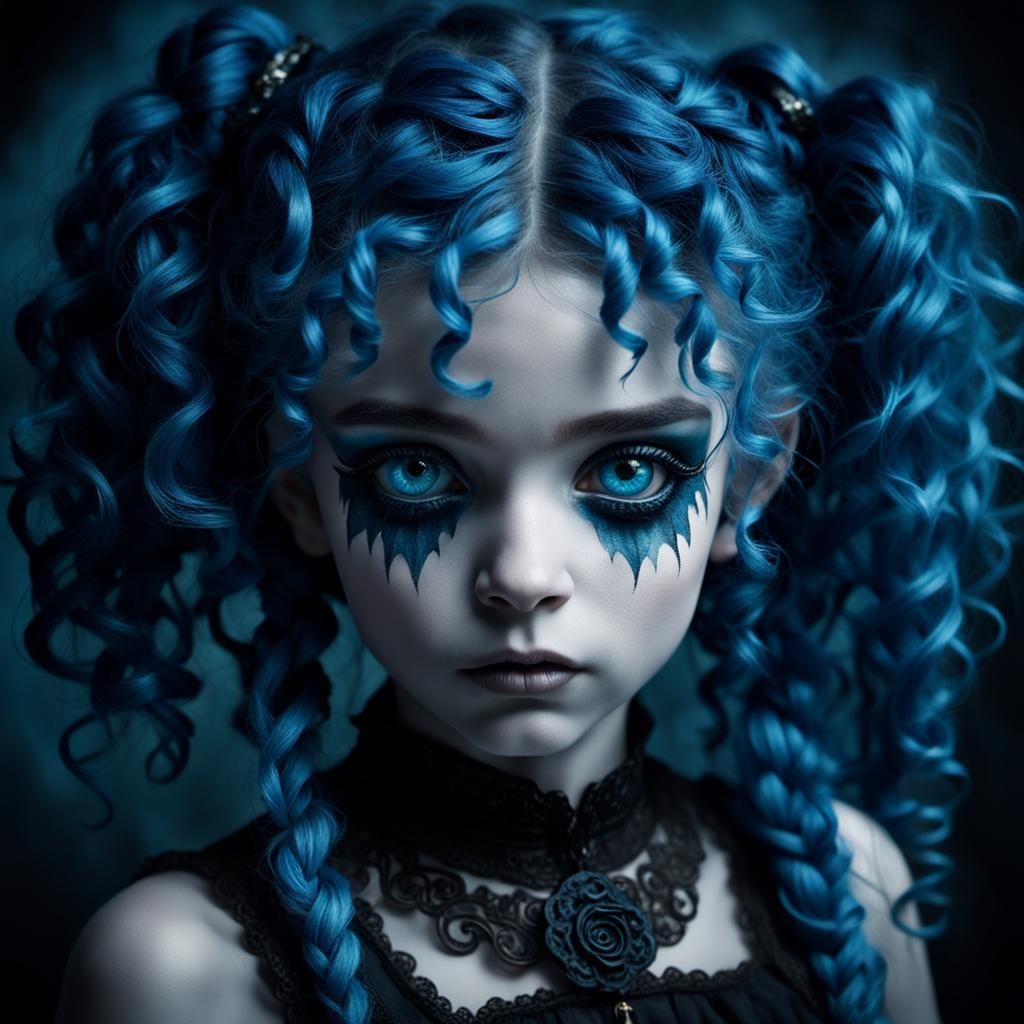 Girl with Blue Hair in Gothic Dark Art Style