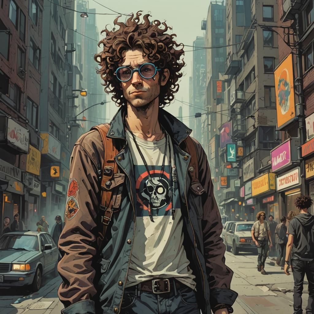 A tall lanky (hippie punk) with touch of cyberpunk style guy with (big curly hair) wearing goggles) art art style of Jam...