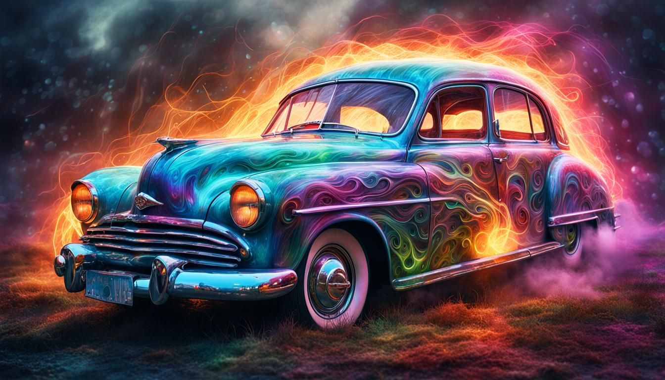 Surreal Ghostly Flame Car in Vivid Colors