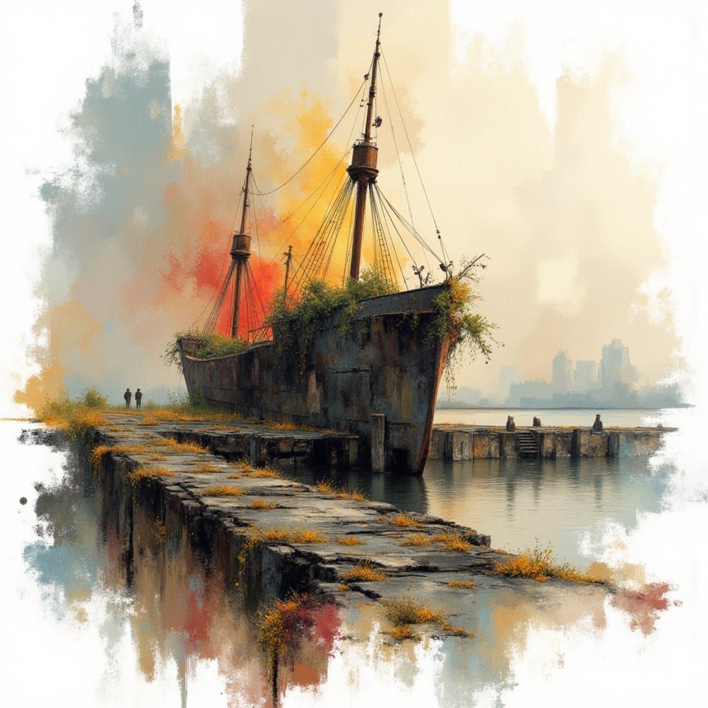 Shipwreck Ruin at Sunrise in Spring, Charcoal and Watercolor...