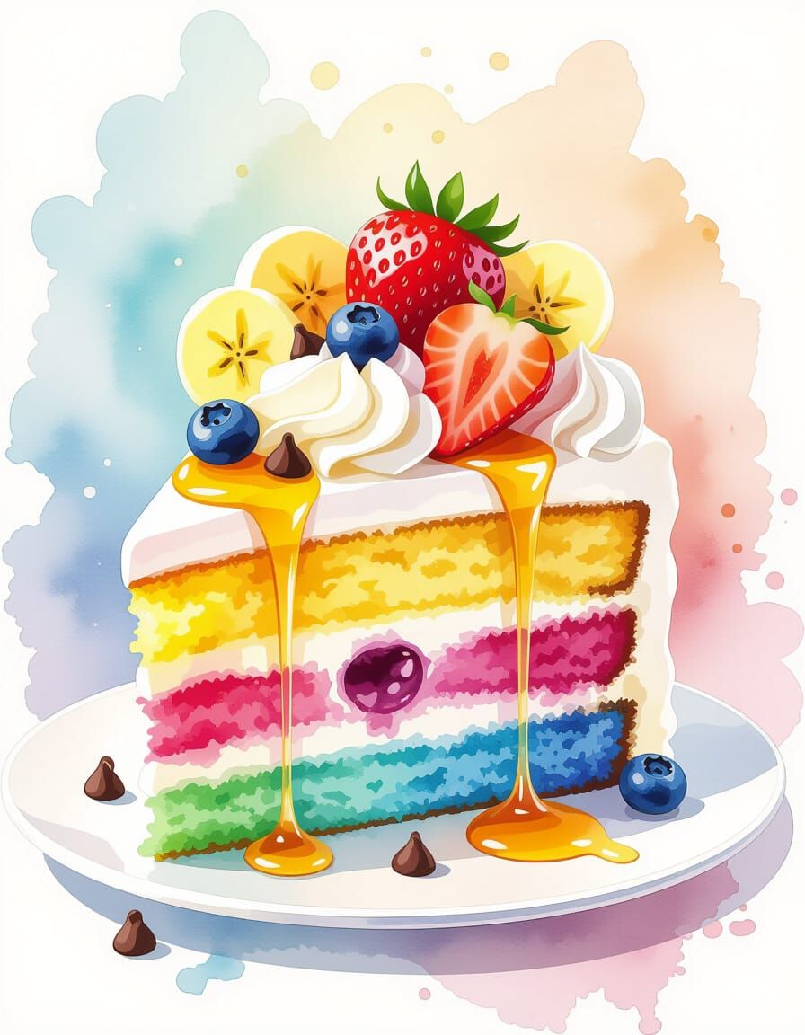 Rainbow Cake Slice in Watercolor Splash Art Style