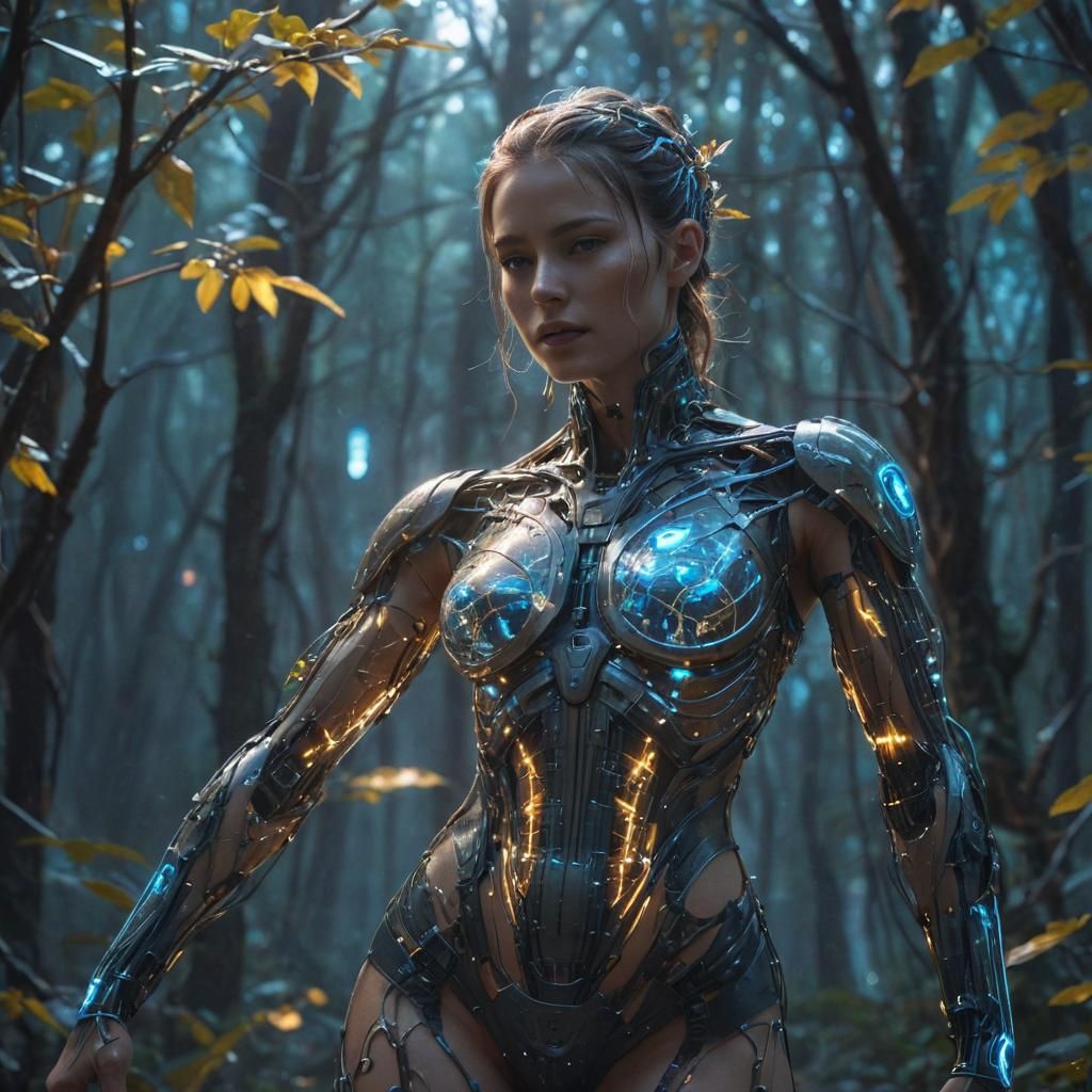 Android-Human Hybrid in Nature-Tech Fusion: Sci-Fi Concept A...