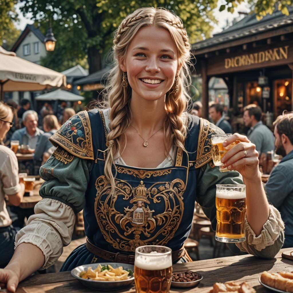 Cozy 3D Beer Garden with Scandinavian Woman