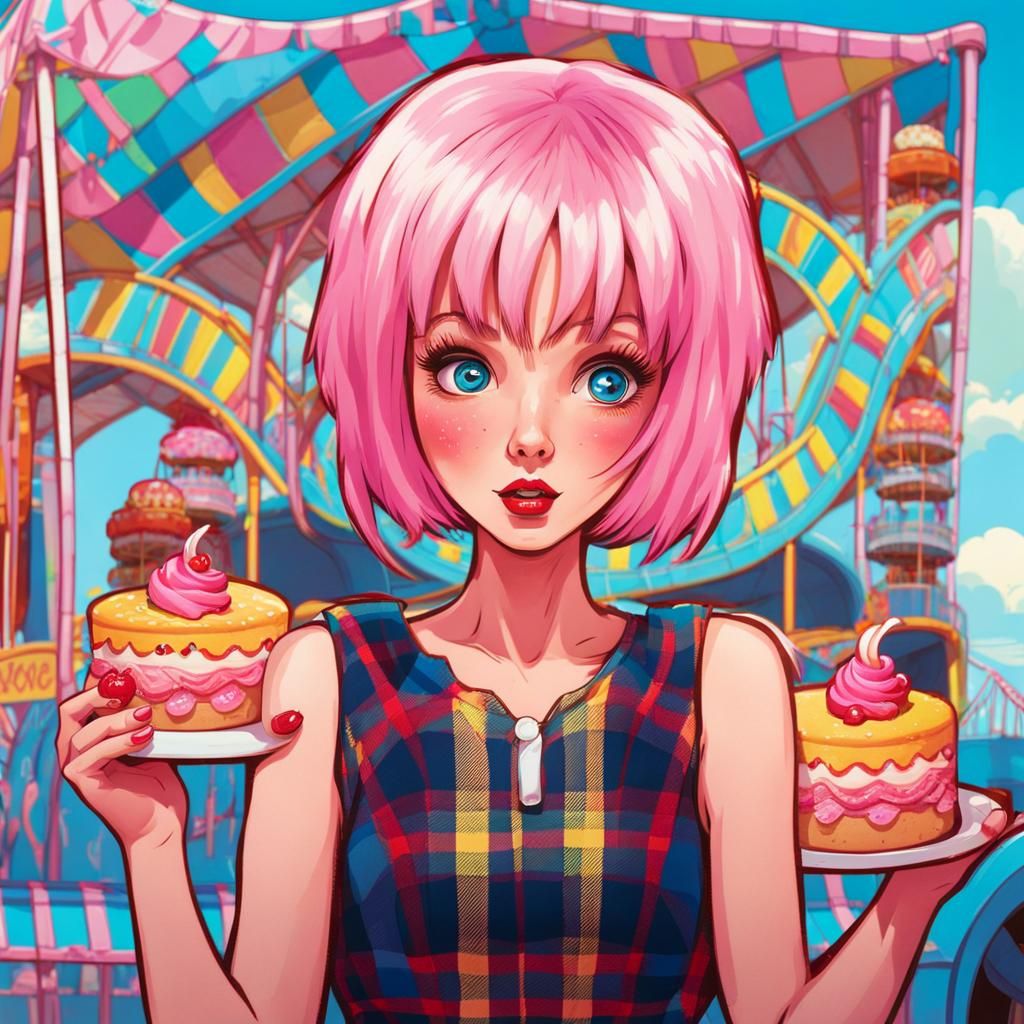British Girl at Funfair in Comic Book Style