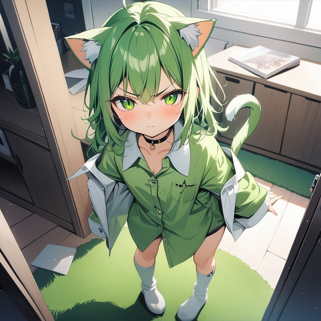 Cute Anime Girl with Feline Features Looks Up in Anger