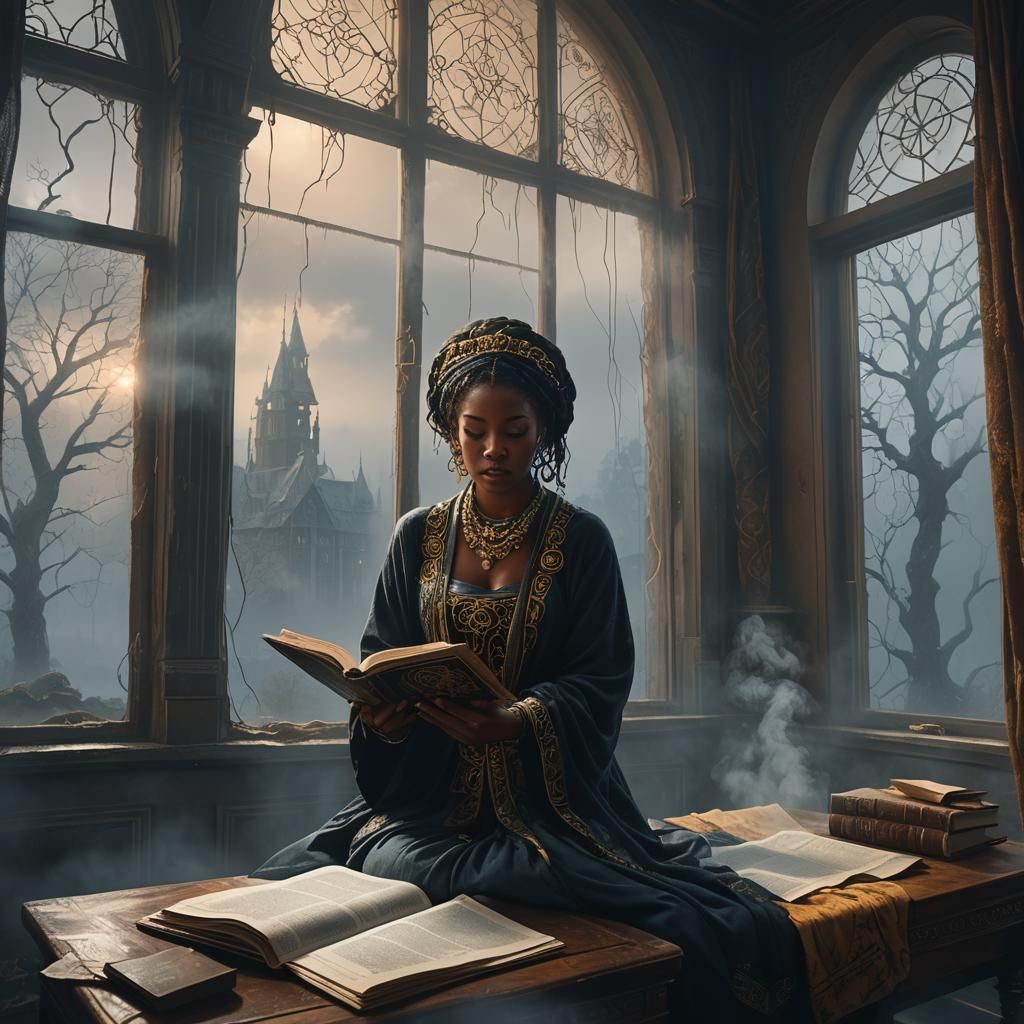Mystical Chamber: Woman Reading in Ornate Attire