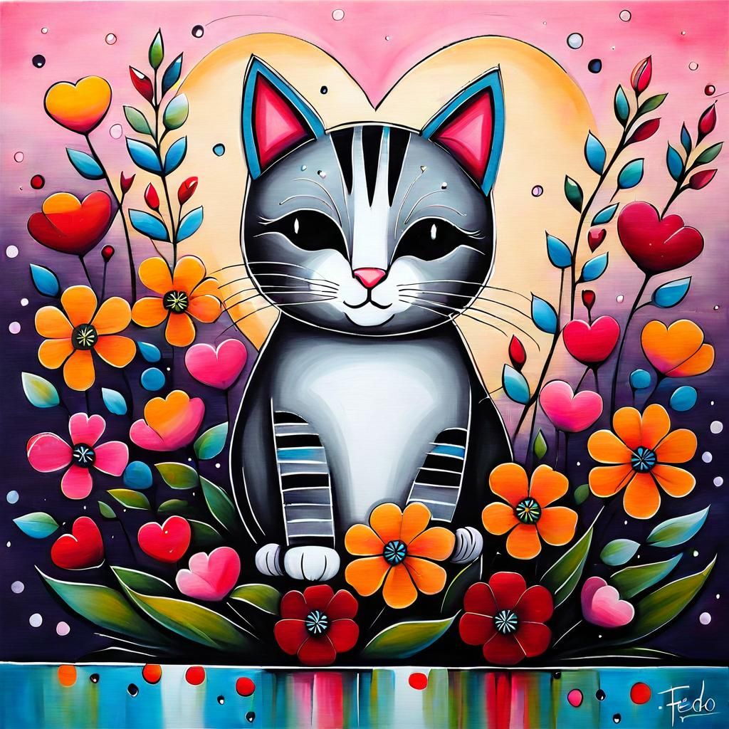 Colorful Pop Art Cat with Flowers and Hearts