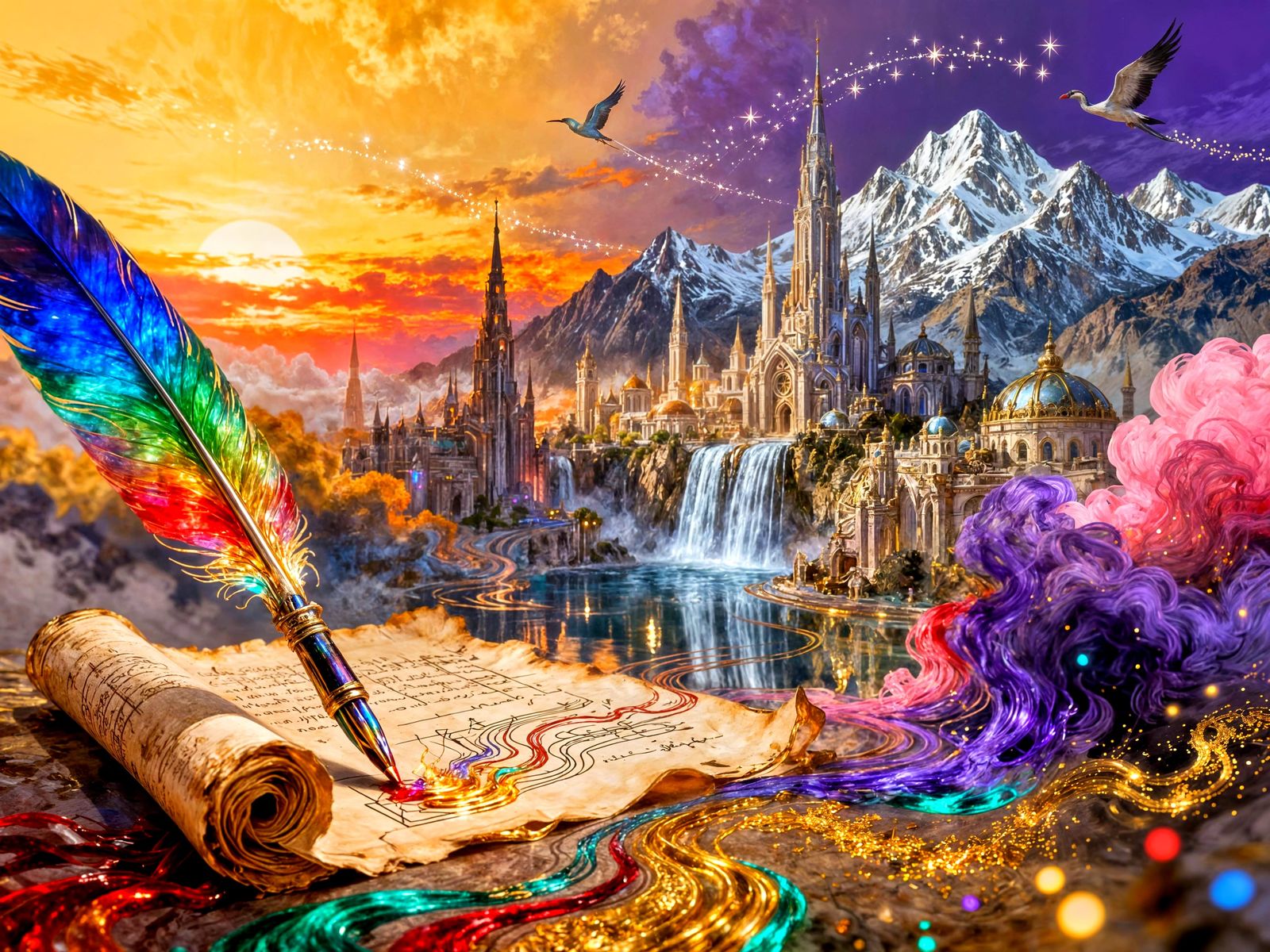 Living Ink Landscape Emerges from Parchment with Quill