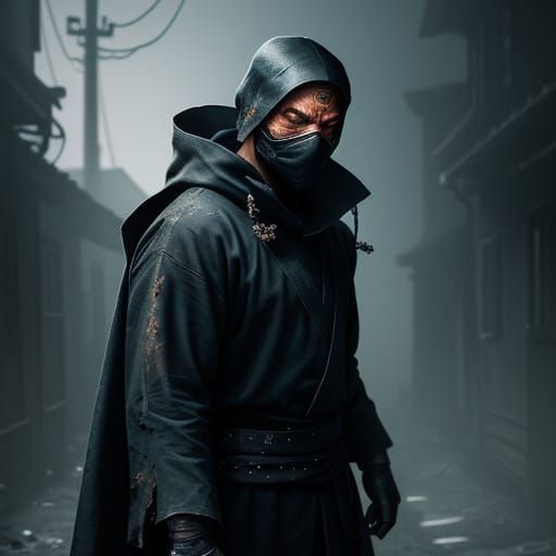 Ninja in Dark Alleyway Tosses Glowing Coin