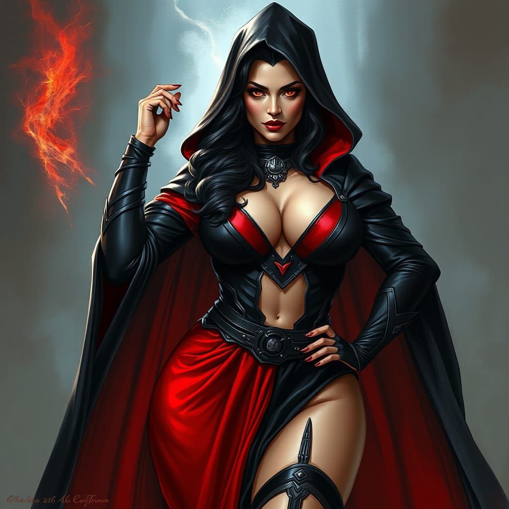 Seductive Dark Sorceress in Fiery Black and Red Robe