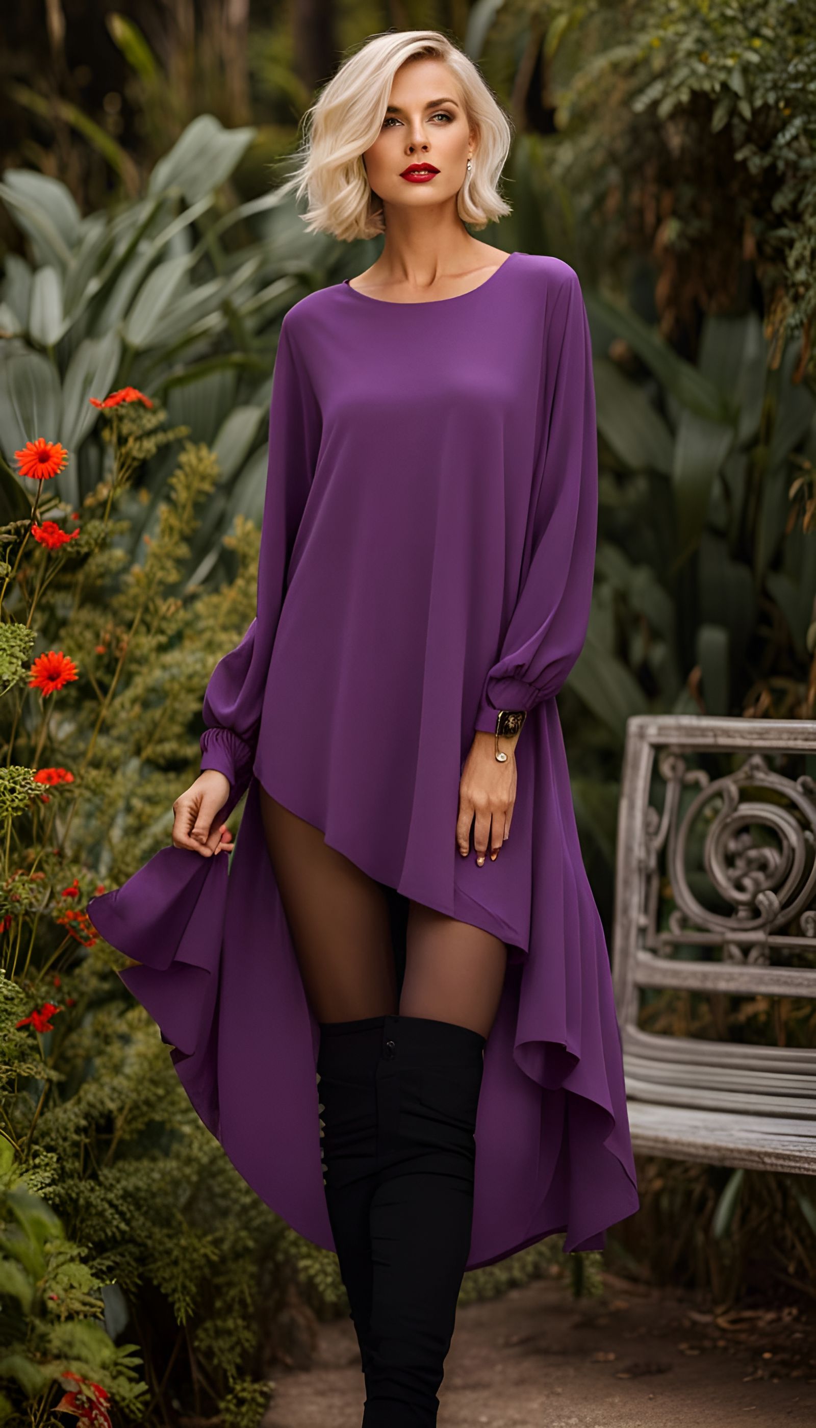 Blond Woman Playing Guitar in Purple Blouse