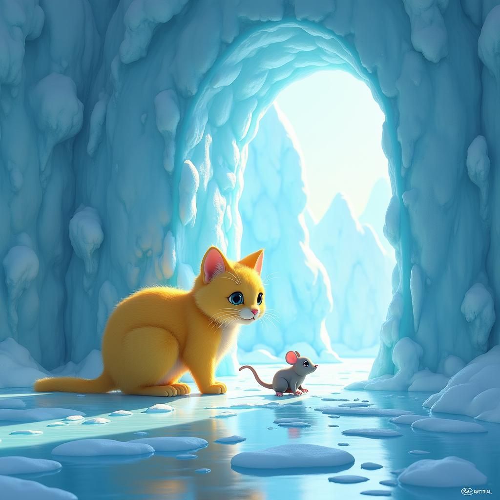 Cartoon Cat in Ice Building: Detailed Matte Painting