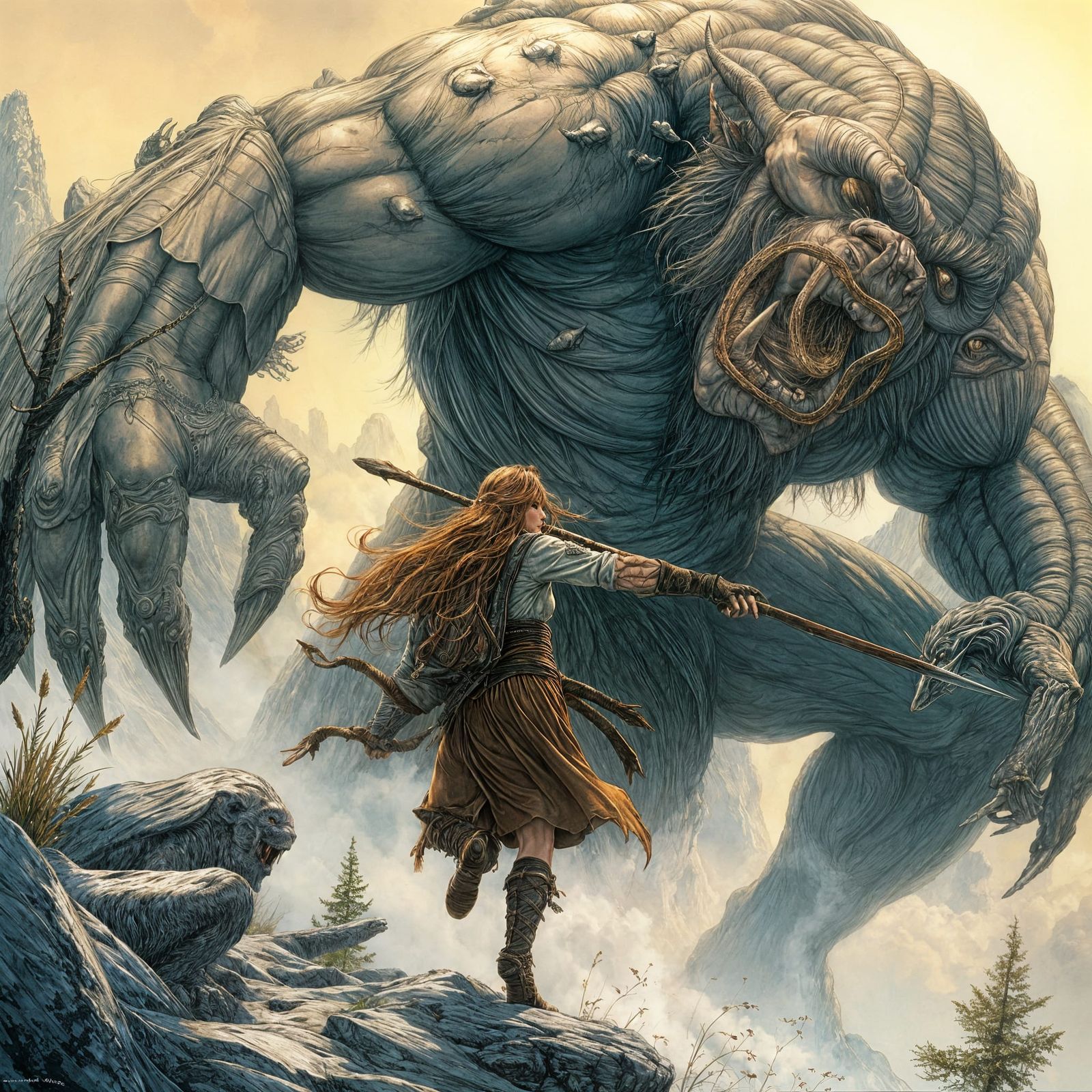 Female Adventurer vs Mountain Troll Comic Art