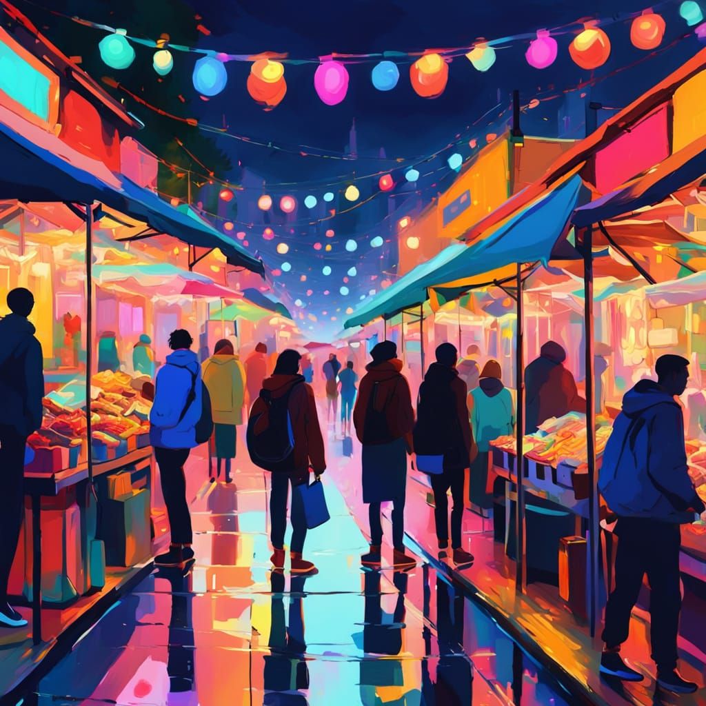 Moonlight Market in Abstract Fauvist Expressionism