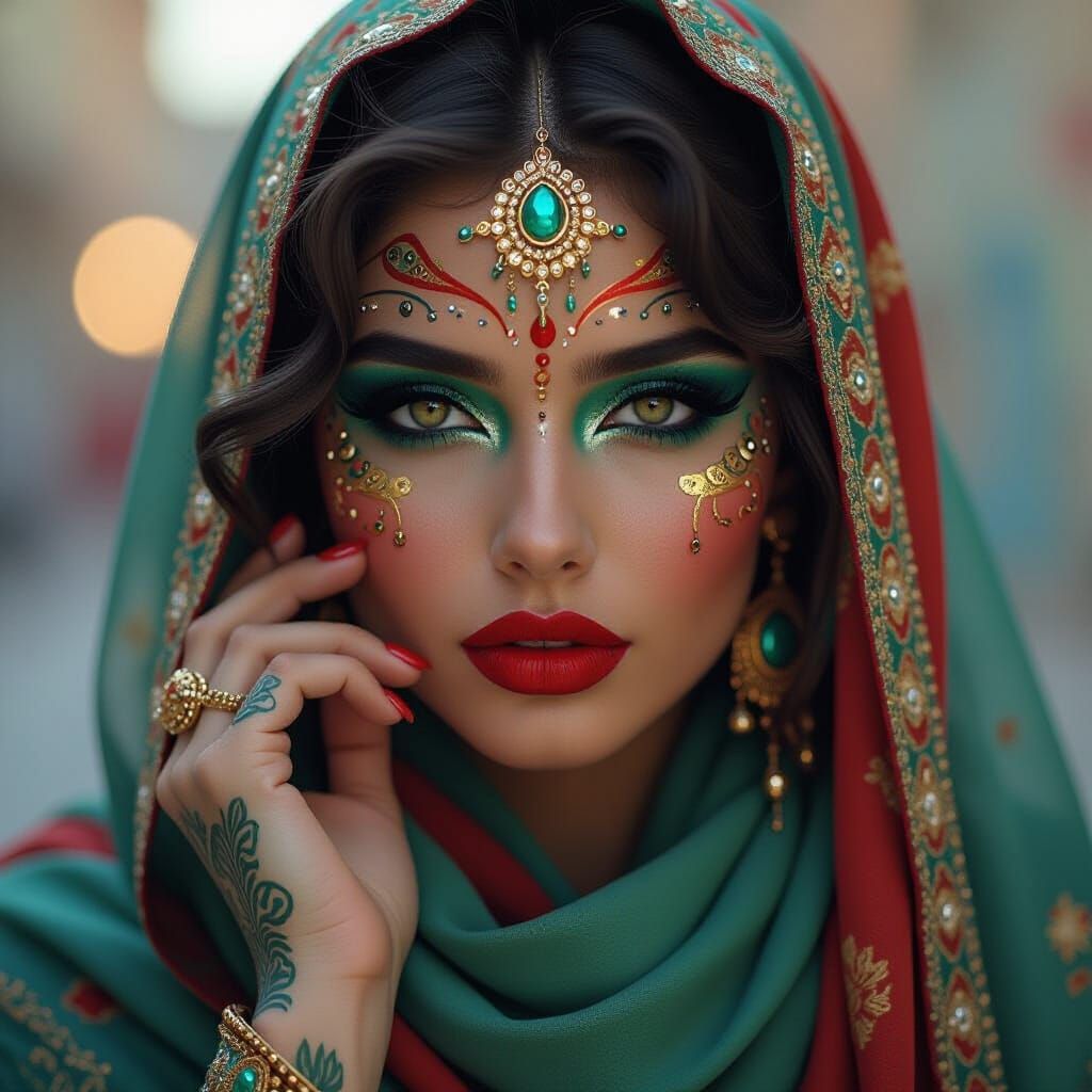 Mystical Body Art Portrait with Turquoise and Red Hues