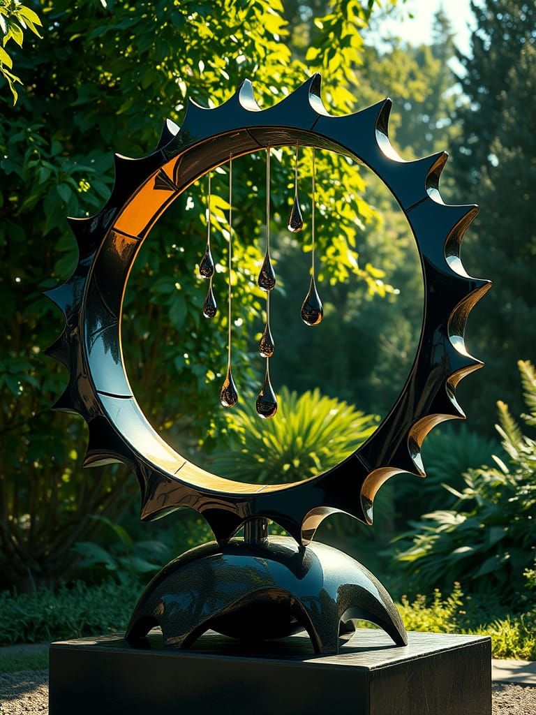 Sleek Futuristic Sculpture Radiates Golden Aura in Serene Ga...