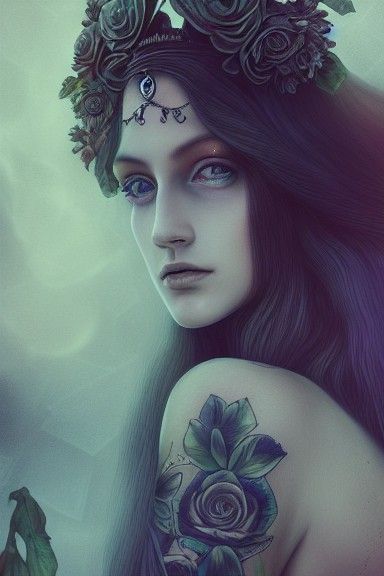 Ethereal Tattooed Goddess in Graveyard, Matte Painting