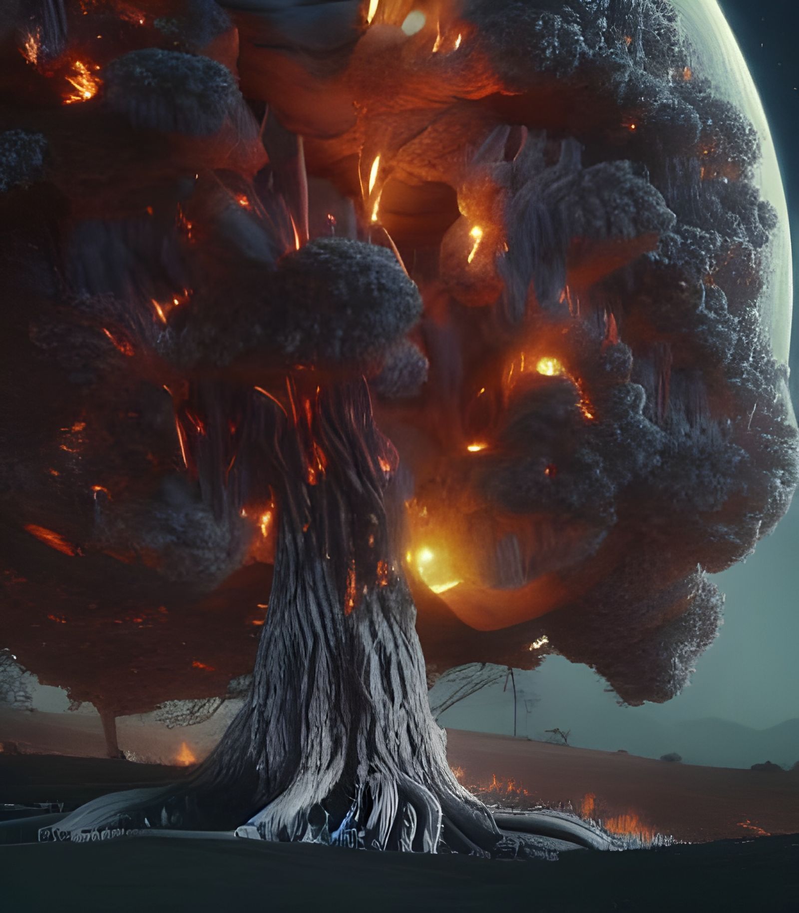 Burning Tree Under Colossal Moon Nightscape