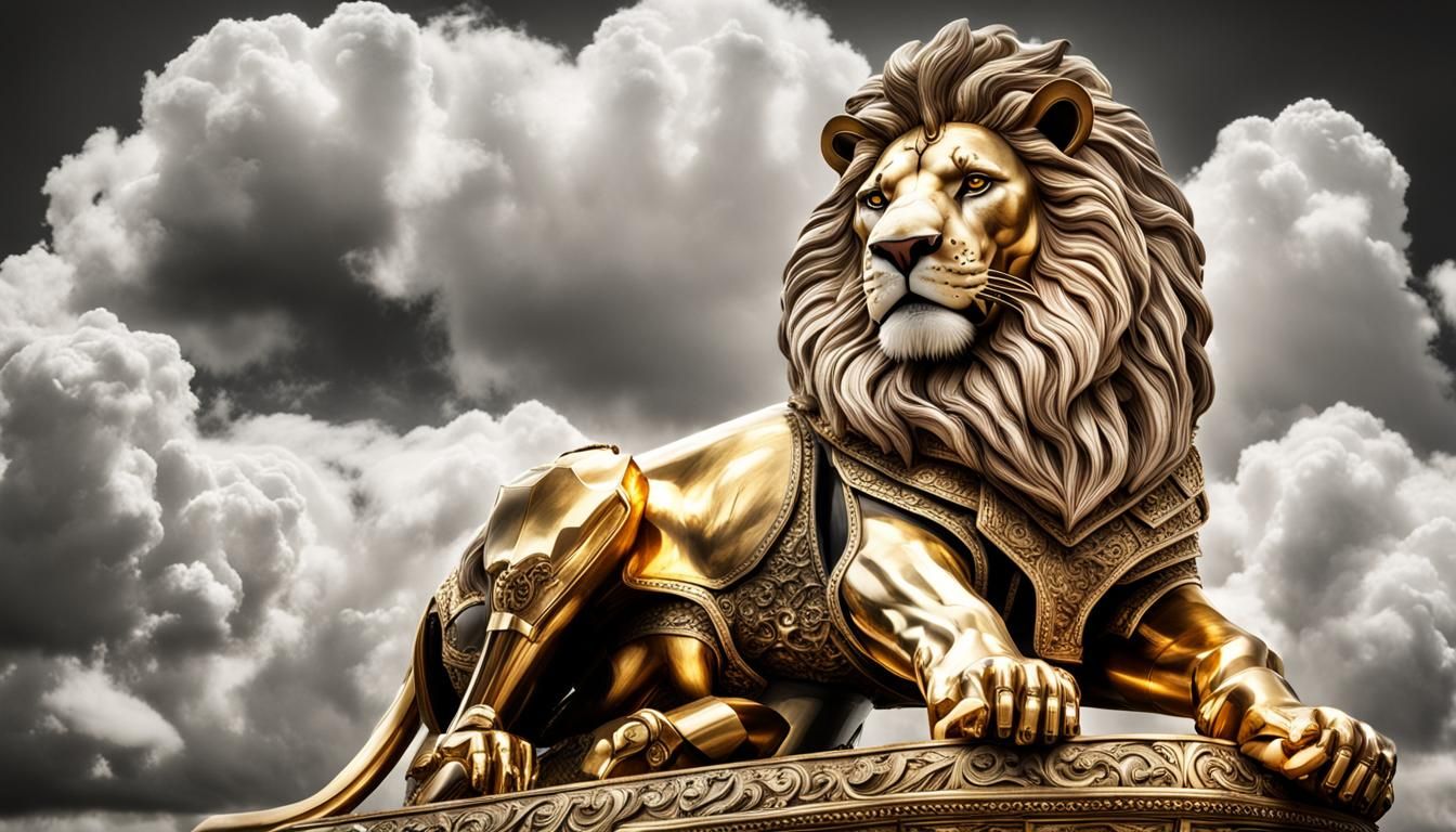 Lion Warrior King on Throne in White and Gold