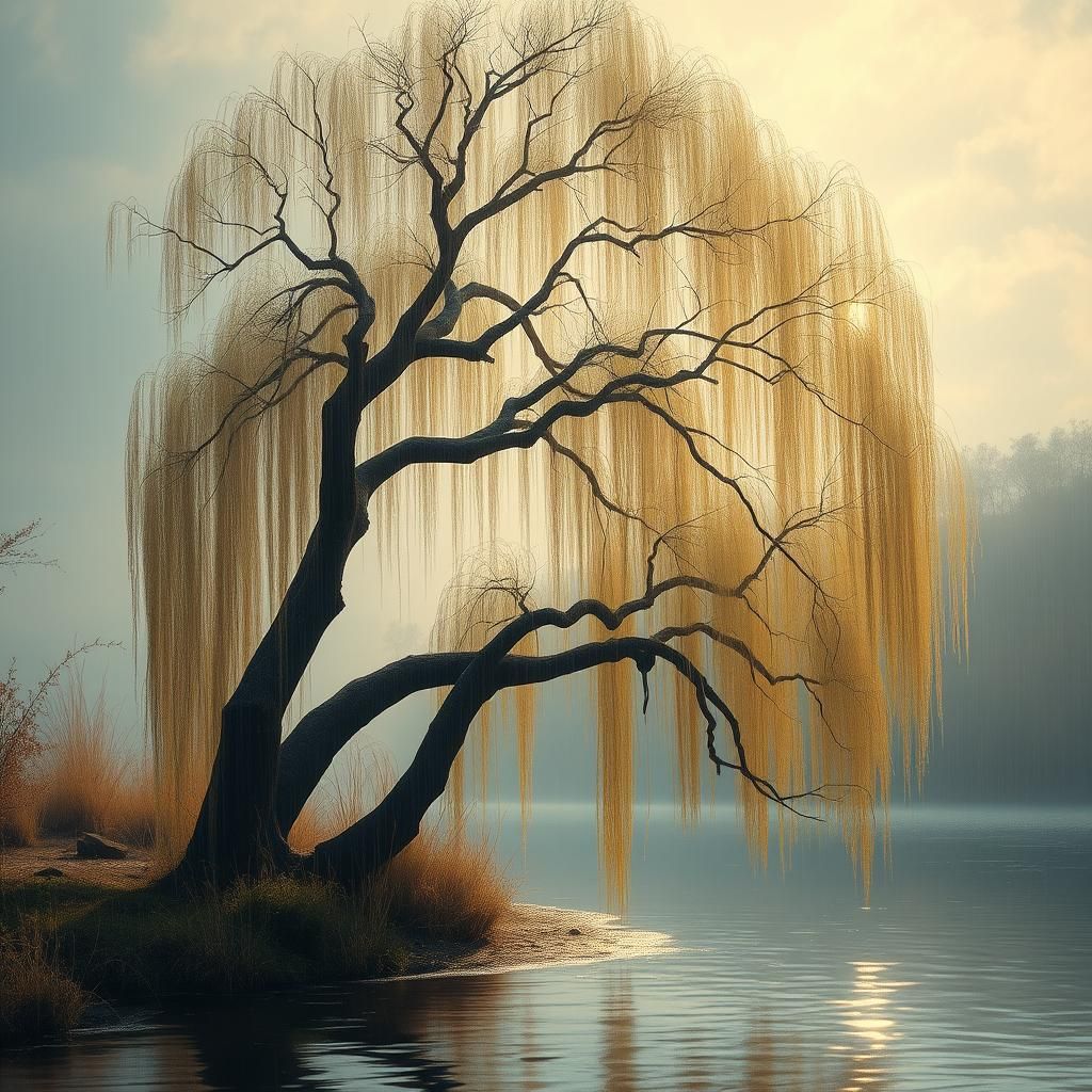 Impressionist Willow Tree in Rain