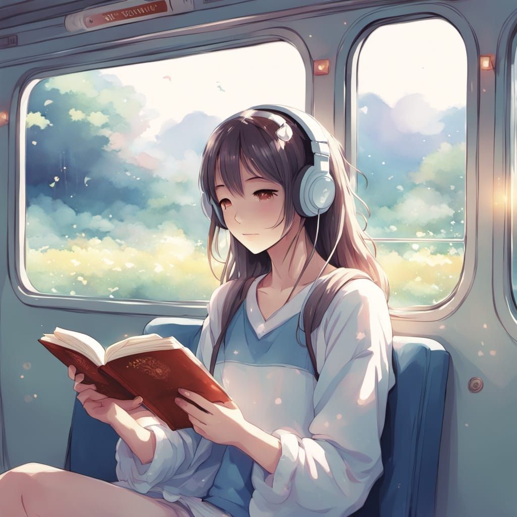 Gentle Moment Inside a Train, Anime-Style Watercolor Art