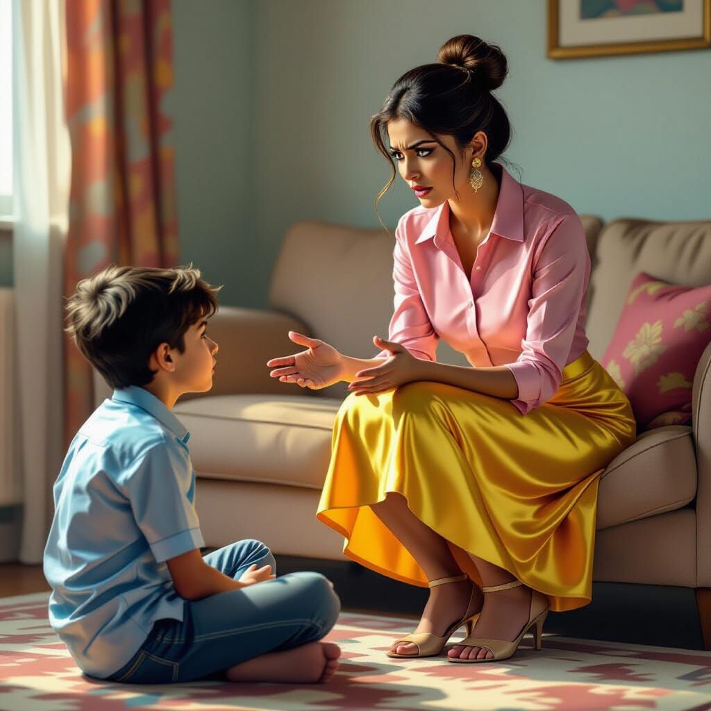 Indian Woman Admonishes Nephew in Digital Painting