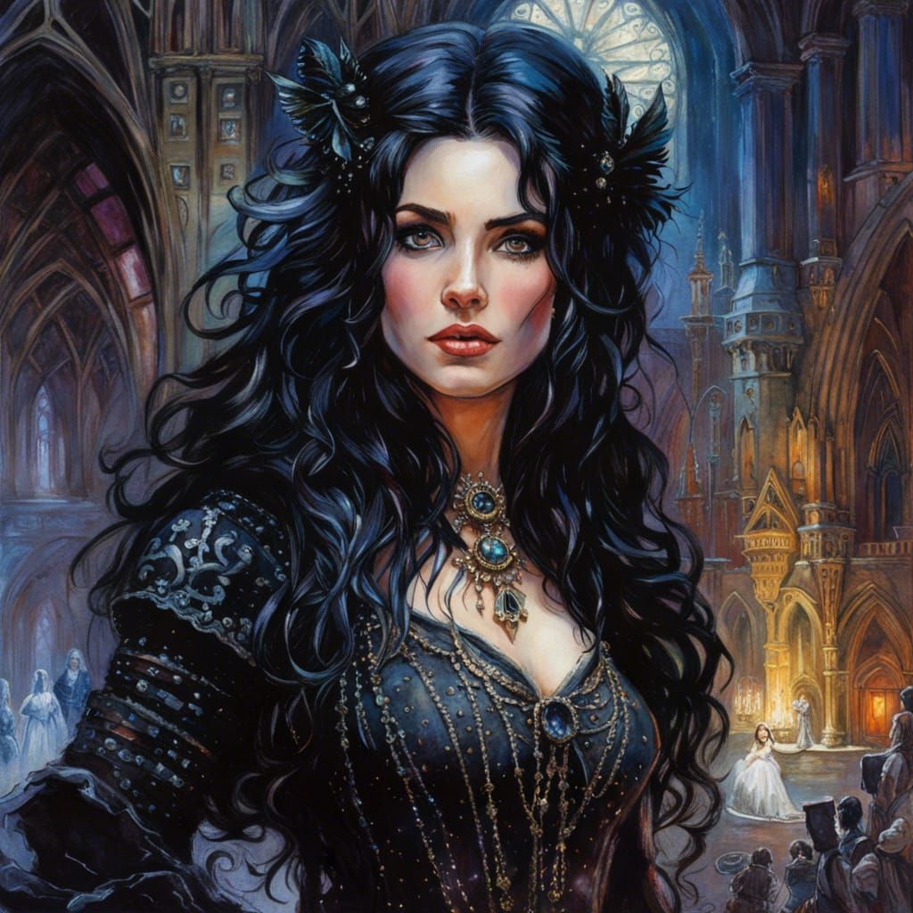 Yennefer in Medieval Palace with Outer Space Background