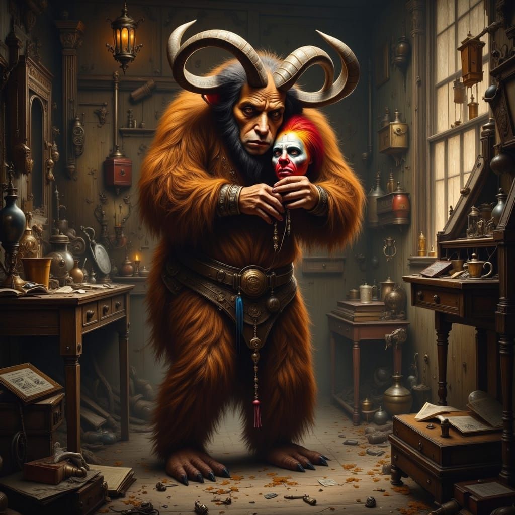 Minotaur Contemplates Clown Mask Disguise in Dark Fantasy
