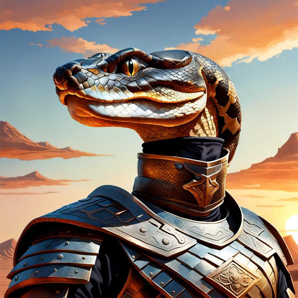 Stoic Snake Warrior at Ziggurat Sunset