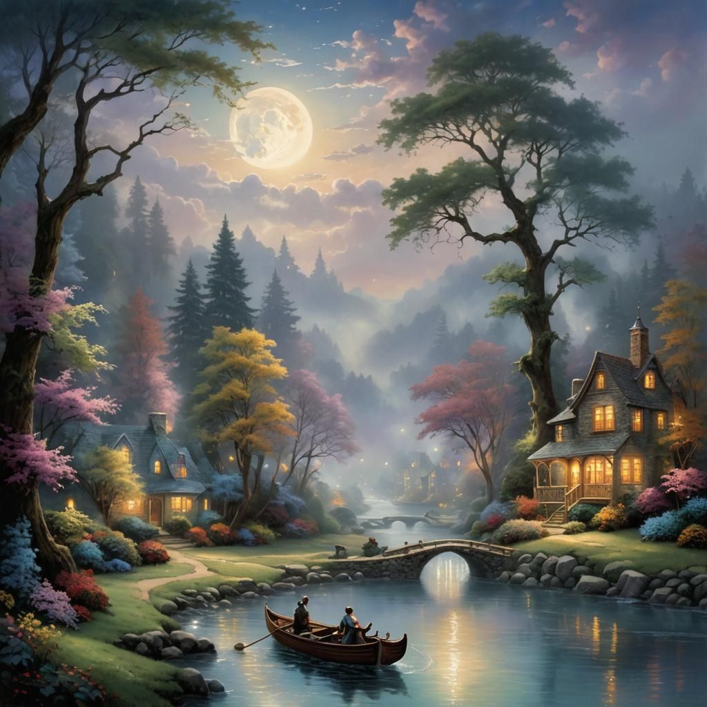 Ethereal Moon River Fantasy in Kinkade Style