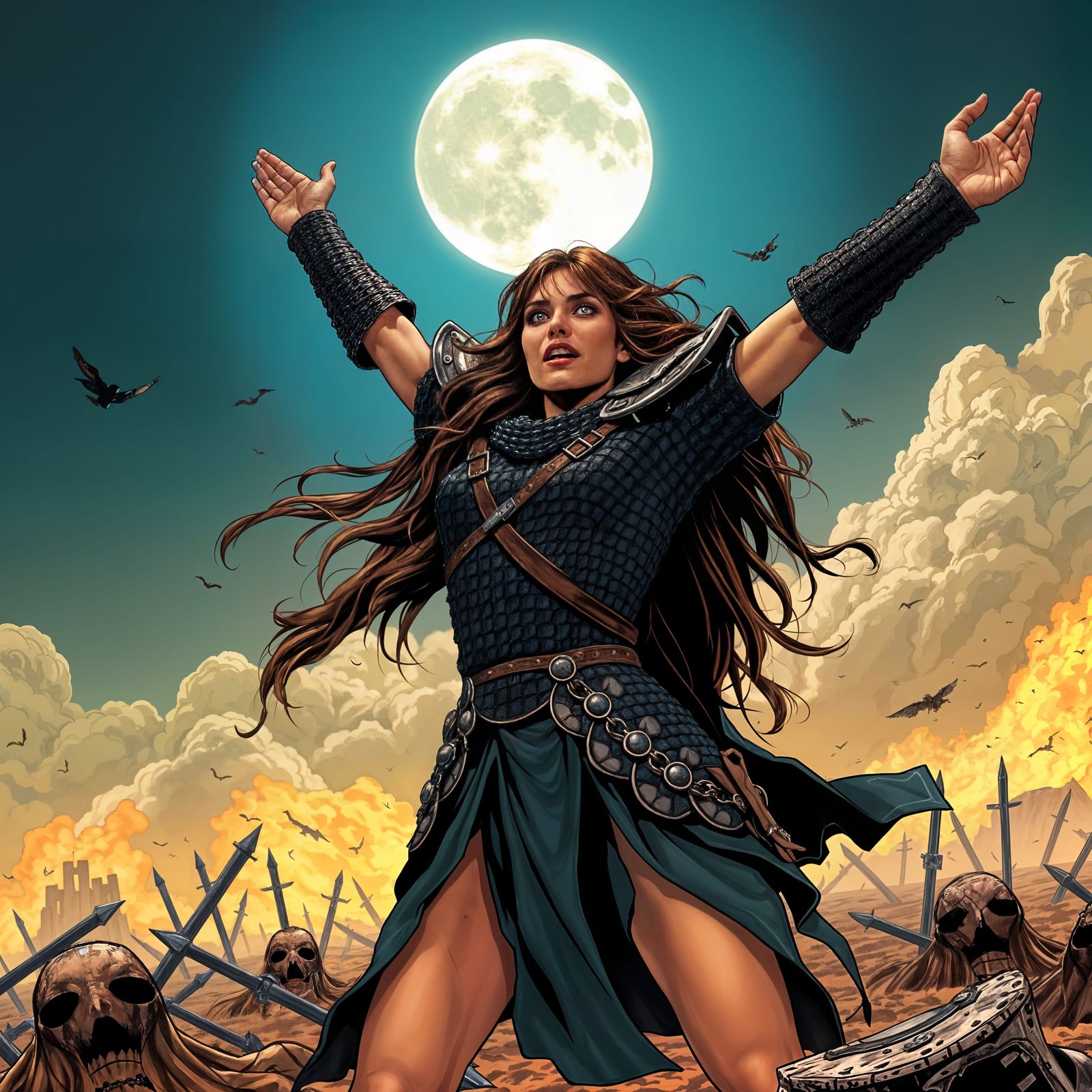 Levitating Warrior Woman Under Moonlight, Comic Book Art