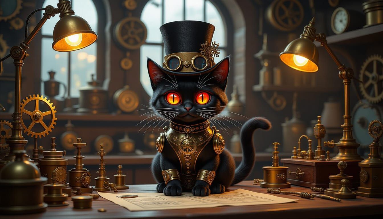 Steampunk Mechanical Cat in a Detailed Workshop